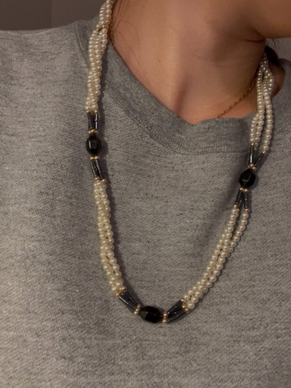 Multi Strand Pearl Look Beaded Necklace Cream Black Gold Clasp